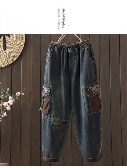 Retro Ethnic Print Patchwork Embroidered Denim Jeans Women Loose plus Size Embroidered Nine Points Harlan Pants Spring