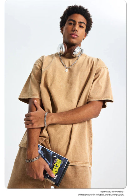 2025 High Street Summer Washed Cotton T-Shirt Tees For Men Unisex Loose Retro Solid T Shirts Brand Tops HY0113