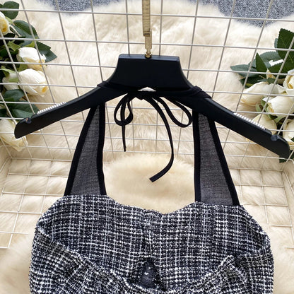 American Summer Women Camisole Halter Buttons Y2K Solid Slim Fit Tops Fashion Chic Tweed Design Hotsweet Tank Top