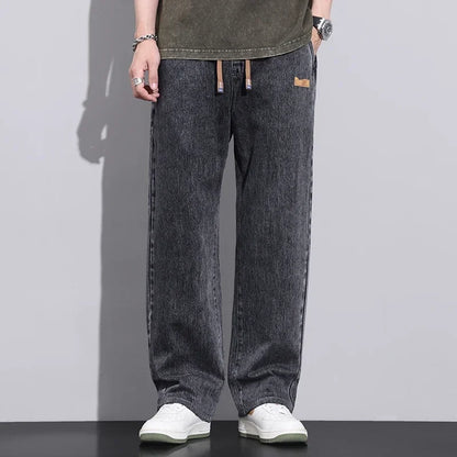 Men Dark Blue Blue Stretch Elastic Waist Denim Pants Streetwear Loose Full Length Trousers Straight Wide Leg Drawstring Jeans