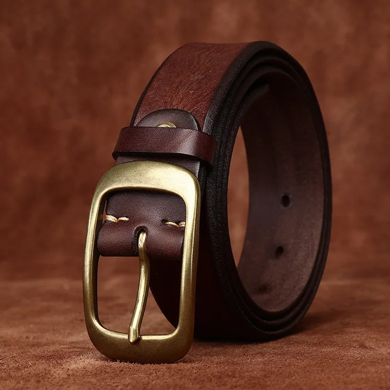 3.8 Width High Quality Pure Cowhide Thick Real Genuine Leather Men's Fashion Brass Buckle Belts Luxury Brand Jeans Belts for Men