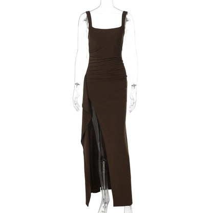 Women Elegant Solid Straps Slit Ruched Patchwork Sexy Bodycon Maxi Dress Summer Outfits Evening Party Birthday Festival
