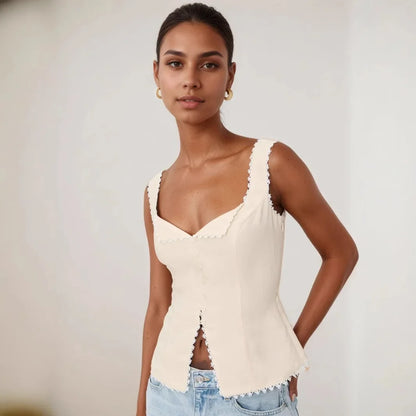 High Quality Hot Sale Wholesale Women's French Cotton Linen Lace Splicing Fashionable Buckle Suspender Solid Sleeveless Vest Top