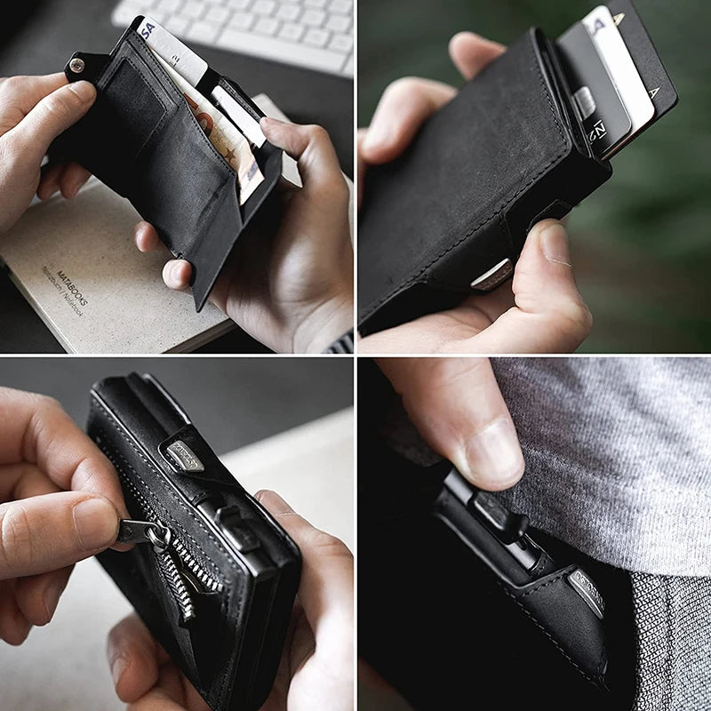 Porte-cartes Pop-Up avec protection RFID en cuir véritable Portefeuille avec compartiment pour billets et pièces de monnaie pour hommes et femmes