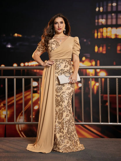 Plus Size Short Sleeve Ribbon Sequin Formal Evening Dresses Women Long Mermaid Wedding Party Bridesmaid Guest Gowns