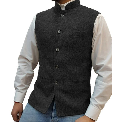 Suit Vest Men Vintage Slim Solid Stand Collar Vest Tops Male Business Casual Sleeveless Jackets Man Wedding Waistcoat