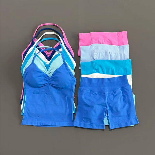 2 Pieces Sports Set Women Backless Halter Tops Fitness Tank Top High Waist Seamless High Stretch Shorts Gym Workout Sets