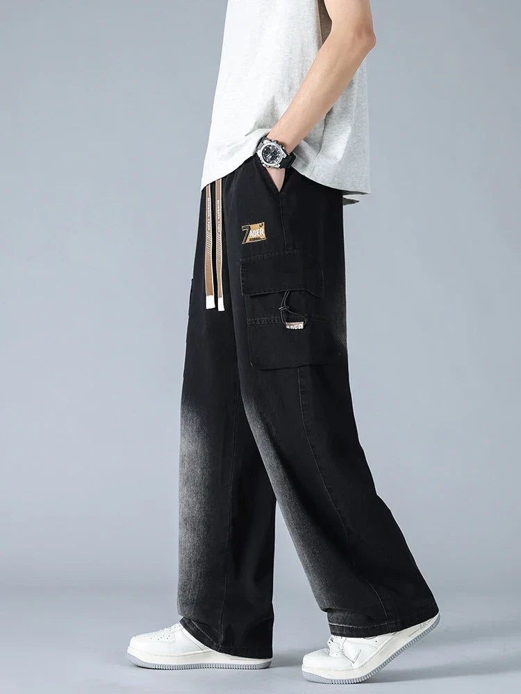Summer Men's Straight Jeans Multi-Pockets Wide Leg Denim Cargo Pants 8XL 7XL 6XL Big Size Lightweight Baggy Jeans Trousers