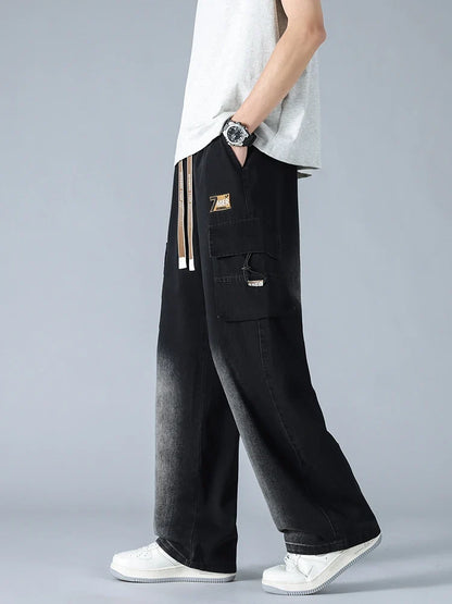 Summer Men's Straight Jeans Multi-Pockets Wide Leg Denim Cargo Pants 8XL 7XL 6XL Big Size Lightweight Baggy Jeans Trousers