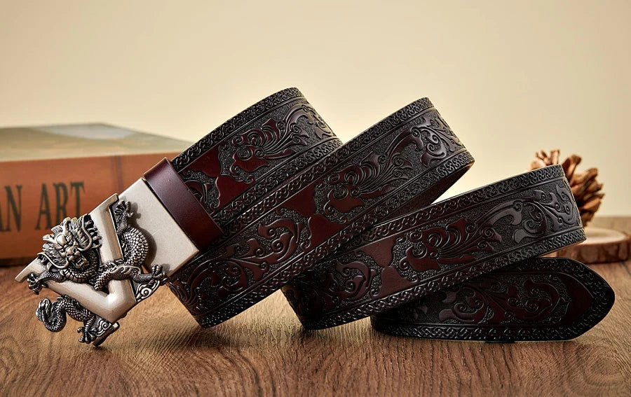 3.5CM V Buckle Cowskin Genuine Leather Belt Quality Alloy Automatic Buckle Print Wasitbad Strap Gift Bussiness Male Belt Men