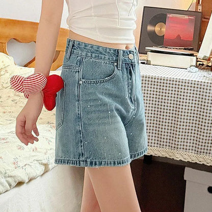 Fashion Rhinestone Denim Shorts for Women Light Blue Summer New Loose Wide Leg Short Pants Korean High Waist Washed Jeans Shorts
