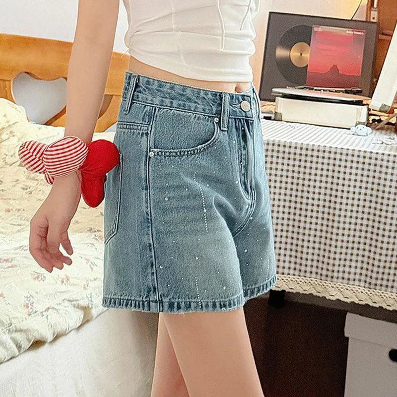 Fashion Rhinestone Denim Shorts for Women Light Blue Summer New Loose Wide Leg Short Pants Korean High Waist Washed Jeans Shorts