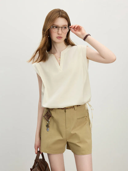 Straight Shoulder V-Neck Sleeveless Blouse - 2025 Summer New Style with Drawstring Tie Women Shirts 25FS12645