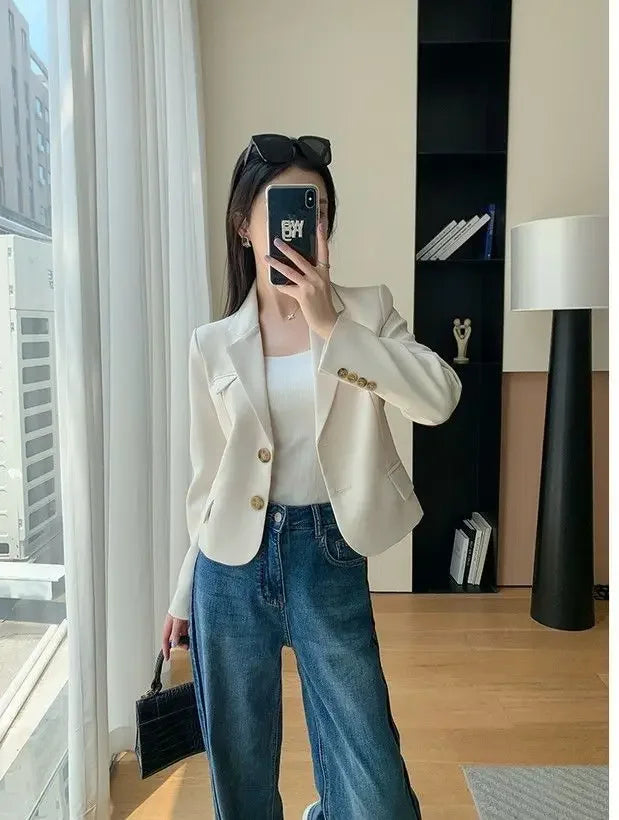 Korean Style Women Blazers Cropped New Autumn Solid Gentle Basic Defined Overcoats Harajuku Leisure Notched Fashion All-match
