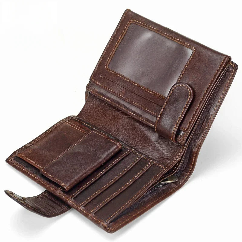 New Men Wallet Cowhide Genuine Leather Wallets Coin Purse Clutch Hasp Open Top Quality Retro Short Wallet Multi Cards Slots