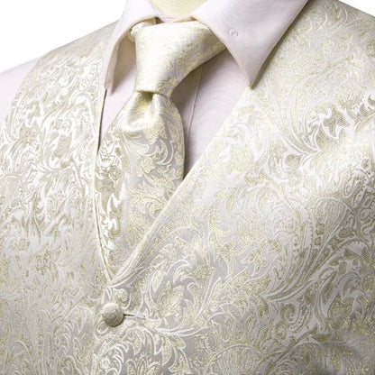 Beige Yellow Silk Mens Vest Hanky Cufflinks Set Jacquard Floral Social Waistcoat Sleeveless Jacket for Wedding Business