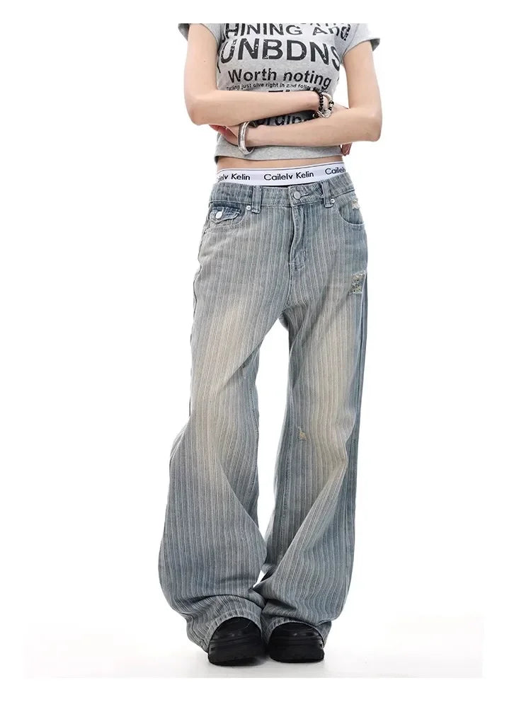 2025 Retro American Waed Striped Hole Denim Jeans Loose High Street Micro Flared Cleanfit Casual Long Trousers for Men And Women