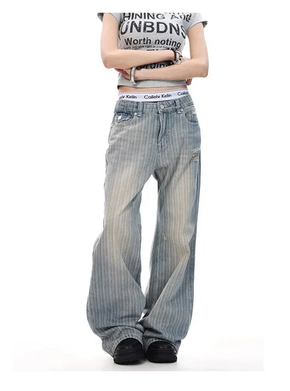 2025 Retro American Waed Striped Hole Denim Jeans Loose High Street Micro Flared Cleanfit Casual Long Trousers for Men And Women