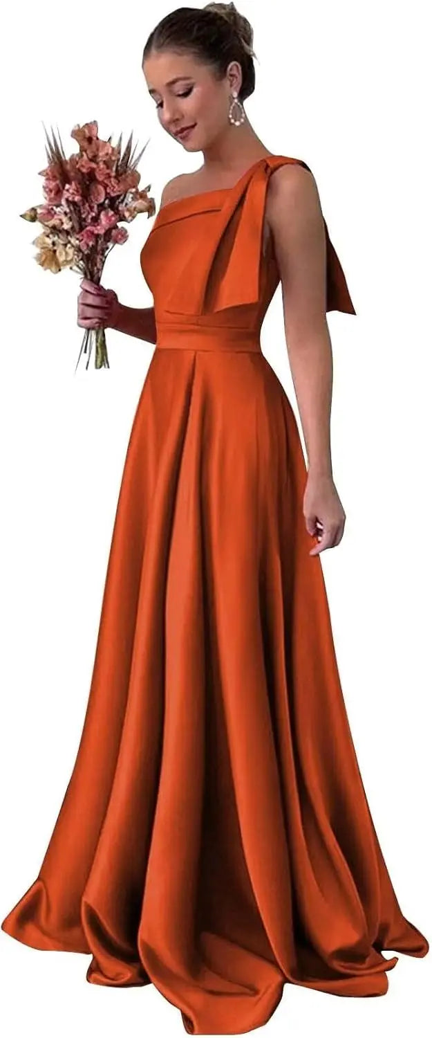 One Shoulder Large Bow Bridesmaid Dress with Pleated Satin and Pockets Simple ,Stylish Ball Dressadies' Guest One Shoulder Dress
