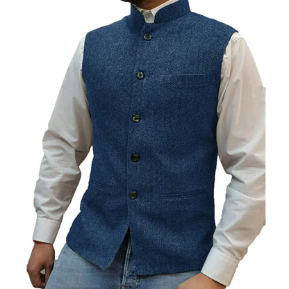 Suit Vest Men Vintage Slim Solid Stand Collar Vest Tops Male Business Casual Sleeveless Jackets Man Wedding Waistcoat