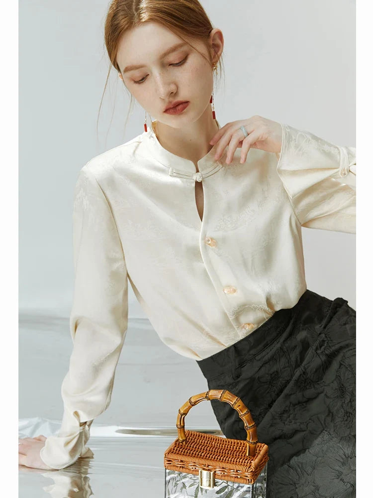 New Chinese Style Acetic Acid Button-down Shirt Women Autumn Standing collar Landscape Painting Printing Female Top