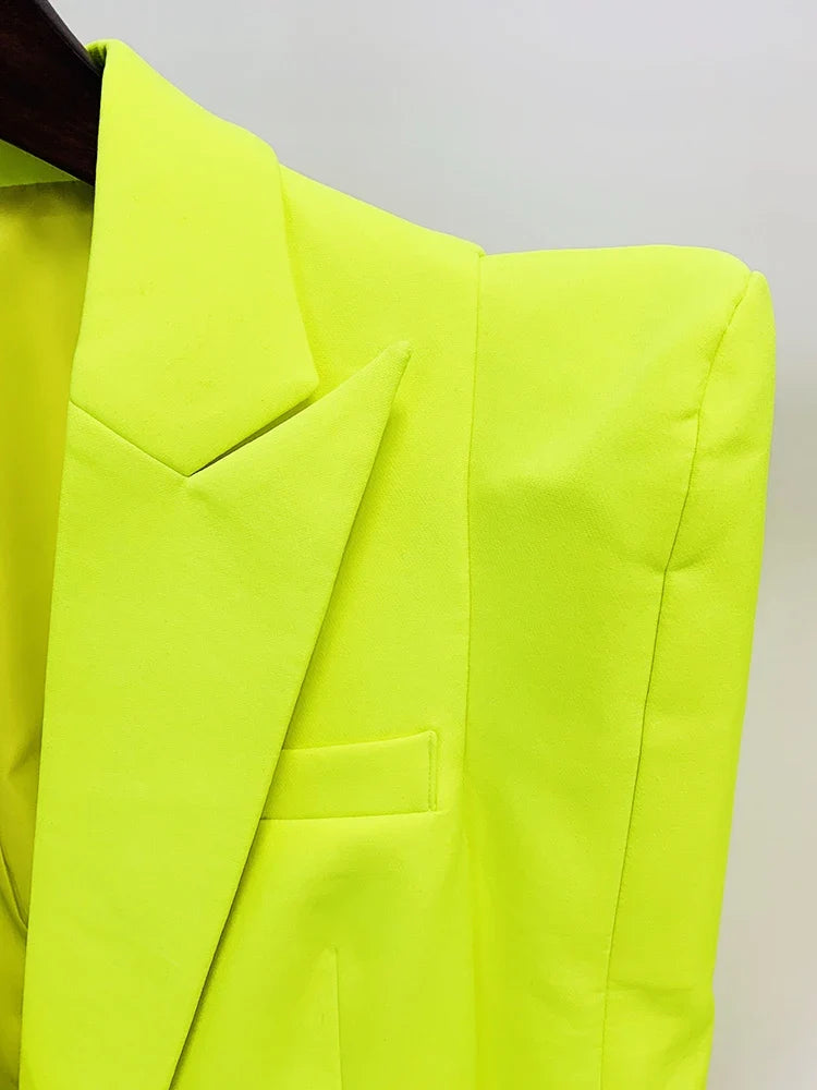 HIGH STREET Newest Fashion 2026 Designer Jacket Women Peak Strong Shoulder Double Breasted Long Blazer Fluorescein