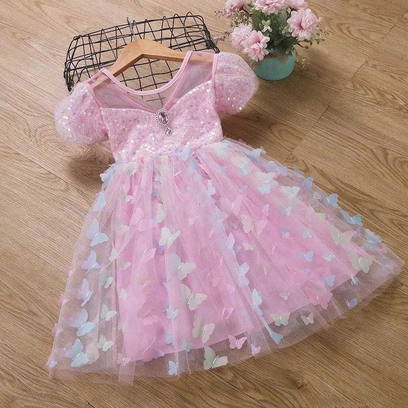 Baby Girls Butterfly Wings Fairy Gauze Princess Puff Sleeve Dress Lovely Kids Summer Tulle Dress Child Birthday Party Gown Dress