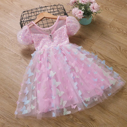 Baby Girls Butterfly Wings Fairy Gauze Princess Puff Sleeve Dress Lovely Kids Summer Tulle Dress Child Birthday Party Gown Dress