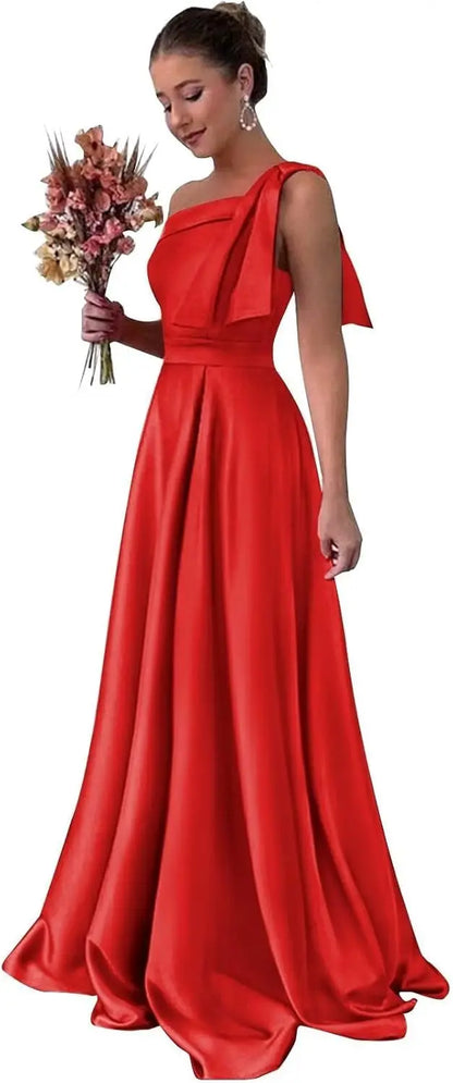 One Shoulder Large Bow Bridesmaid Dress with Pleated Satin and Pockets Simple ,Stylish Ball Dressadies' Guest One Shoulder Dress
