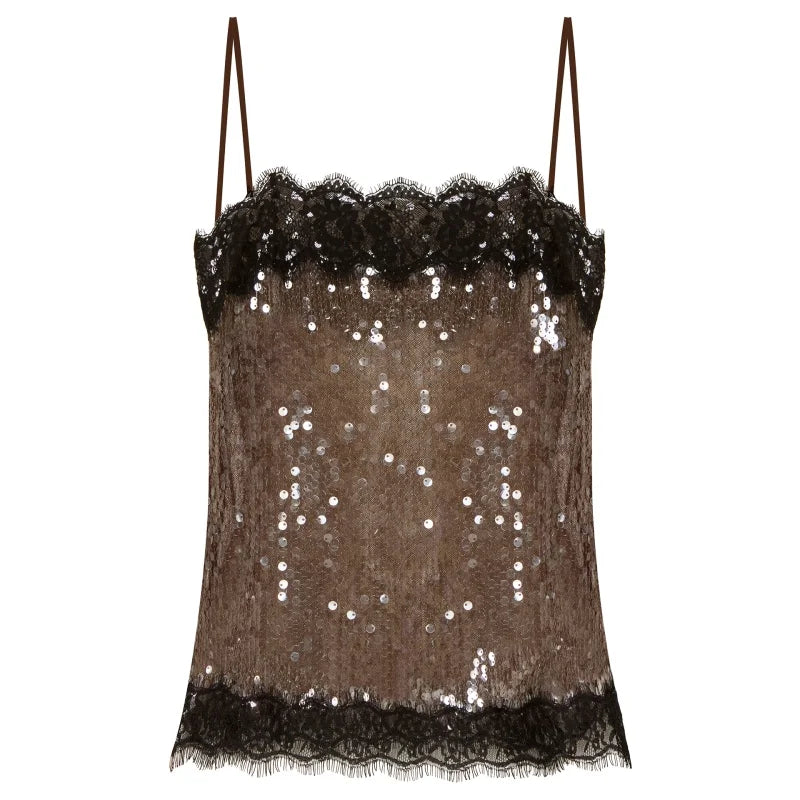 Women's Lace Trim Sequin Tank Top Spaghetti Straps Sparkly Cami Top Scallop Hem Rave Outfits  ﻿