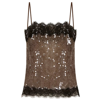 Women's Lace Trim Sequin Tank Top Spaghetti Straps Sparkly Cami Top Scallop Hem Rave Outfits  ﻿