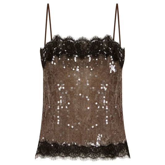 Women's Lace Trim Sequin Tank Top Spaghetti Straps Sparkly Cami Top Scallop Hem Rave Outfits  ﻿