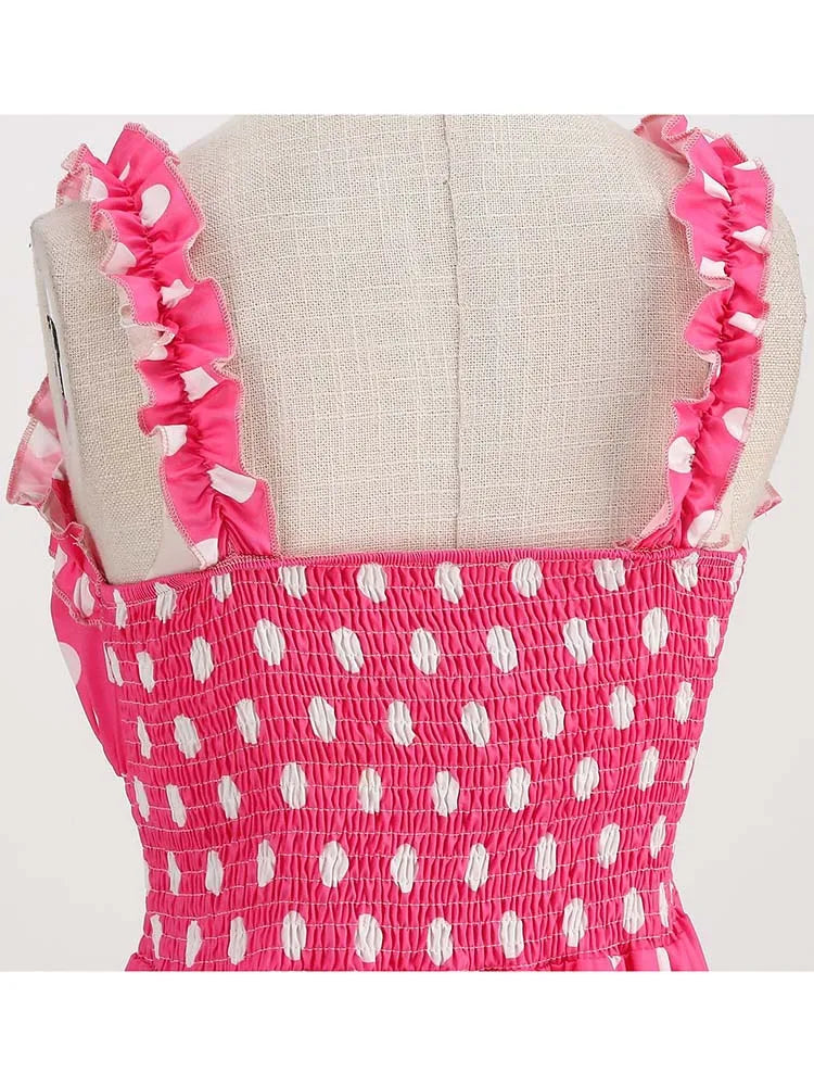 Spaghetti Strap Pink Plaid Dress Women Summer Elegant Vintage 50s Rockabilly Swing Party Dress