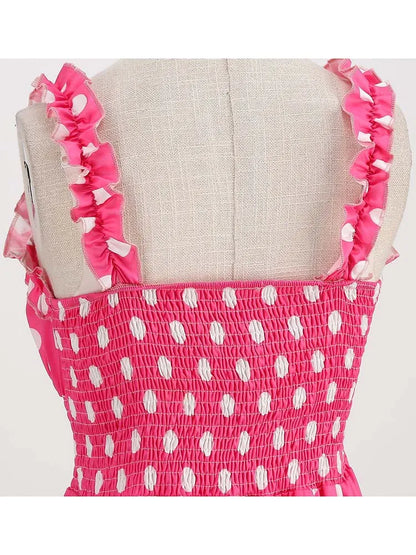 Spaghetti Strap Pink Plaid Dress Women Summer Elegant Vintage 50s Rockabilly Swing Party Dress