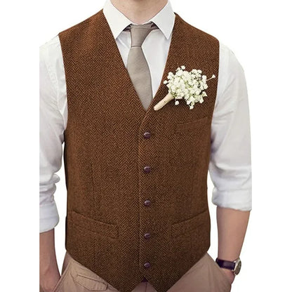 Men Vest Silver Herringbone V Neck Single Button Waistcoat For Wedding Banquet Birthday Business Casual Work Men Suit