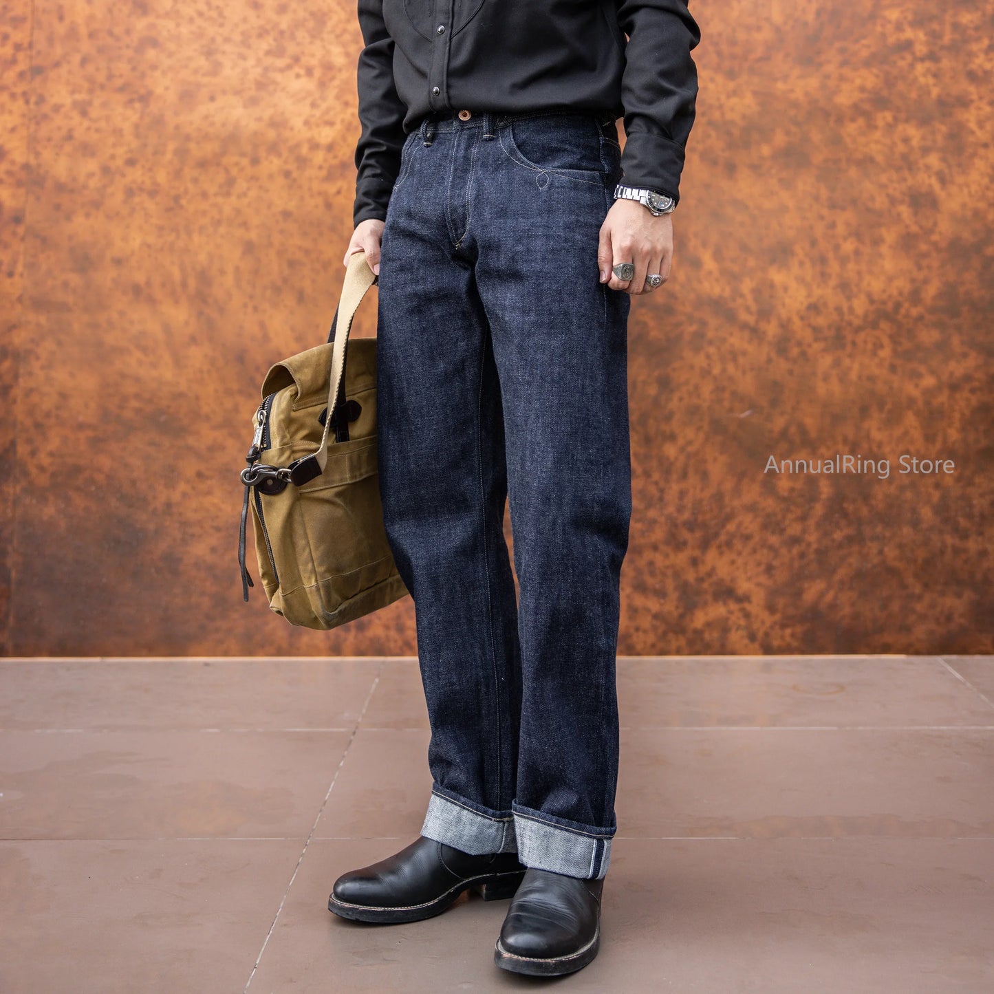 Red Tornado NOIR 18oz Indigo Selvedge Denim Jeans One-wash with Cinch-Back and Arcuate Stitching