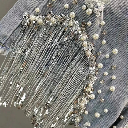 New 2026 Summer Women Heavy Beaded Rhinestone Shorts High Waist Sequin Tassel Ripped Wide Leg Hot Pants