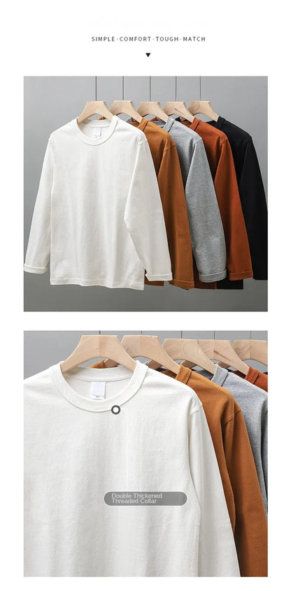 11.2 Oz Heavyweight Autumn Long Sleeved T Shirt for Men 100%Cotton Plain Shirt O-Neck White Tops Oversized Men's Clothing