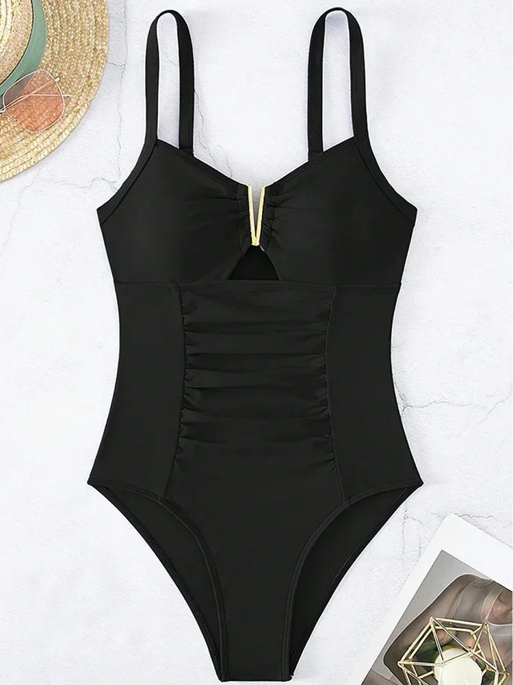 2026 V Neck Pleated Swimsuits Female Swimwear One Piece Swimsuit Women High Cut Bather Bathing Suit Swim Beachwear Slim Bodysuit