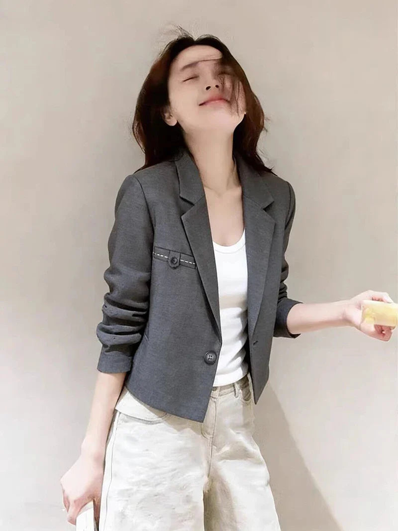 Chic Slim Cropped Blazer Women Elegant Fashion Long Sleeve Short Suit Coat Sweet All Match Female Fall Winter Jacket Outwear New