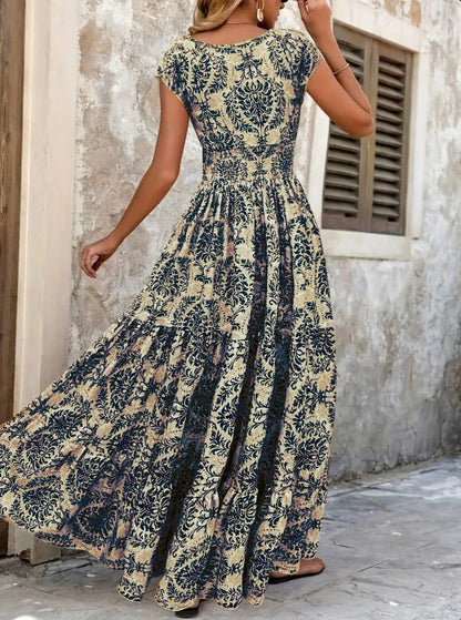 2026 Vintage Printed Dress Fashionable and Elegant V-Neck Short-Sleeved Jumpsuit Long Skirt Women's Clothing