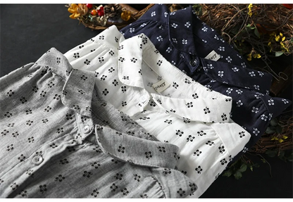 Sweet Snow Dots Print Shirt, Double Layers, Cotton Yarn, Peter Pan Collar, Long Sleeve, Casual Blouse Shirt