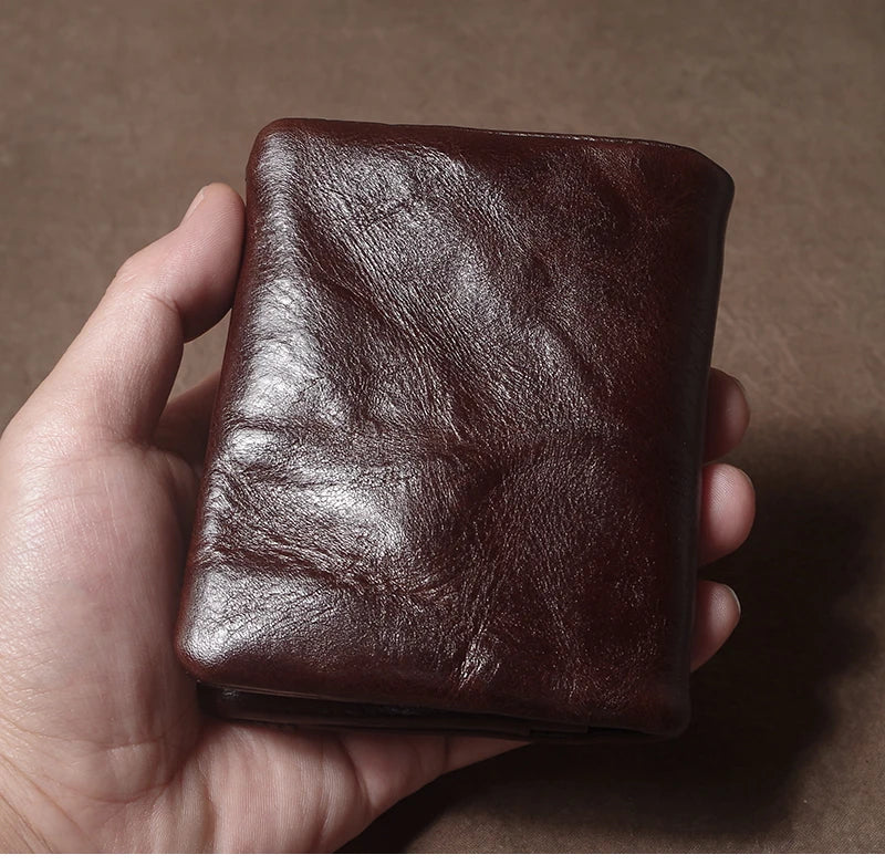 Retro Genuine Leather Short Wallet Men and Women Bifold Money Clip Credit Card Holder with Zipper Coin Pocket Small Purse