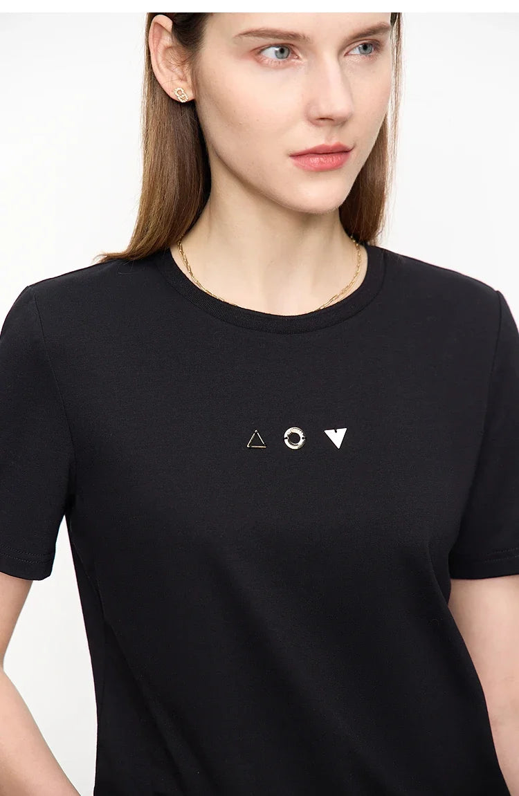 Minimalist T-shirt Women's Tops O-neck Short Sleeves Geometric Decoration Antibacterial Cotton Elastic Casual Tees 12521088