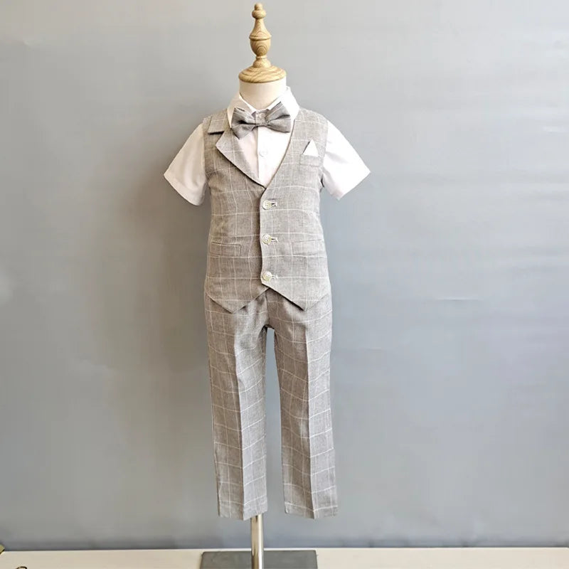 Baby Boys Formal Birthday Photograph Suit Kids Vest Shirt Pants Bowtie Wedding Dress Teenager Suit Children Graduation Costume