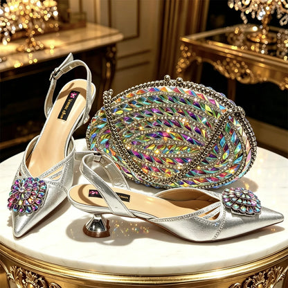 2026 New Arrival Italian-Inspired Green Rhinestone Pointed Toe Women’s High Heels with Matching Handbag Set Elegant Wedding