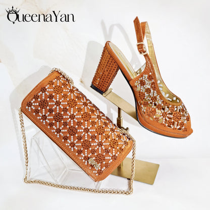 2025 New Rhinestone Design African-Inspired Shoe and Bag Set Olive Toe-Exposing Comfortable Women's High Heels Trending on INS
