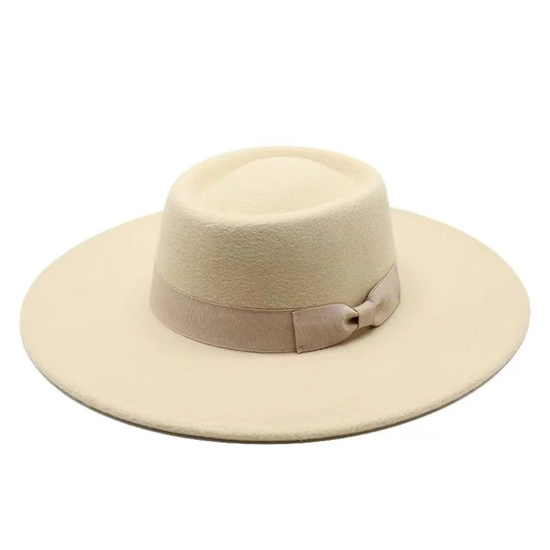 9.5cm Brim Round Top Hat Solid Color Fedoras Bow Flat Top Boater Style Panama Hats for Women Men Party Wedding Church Felt Caps
