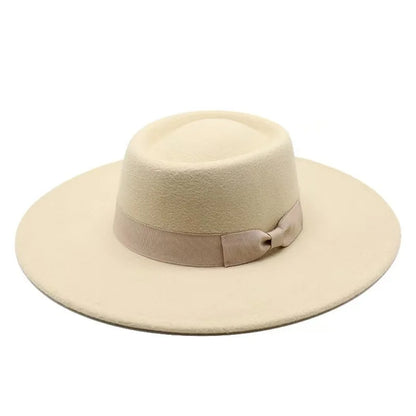 9.5cm Brim Round Top Hat Solid Color Fedoras Bow Flat Top Boater Style Panama Hats for Women Men Party Wedding Church Felt Caps