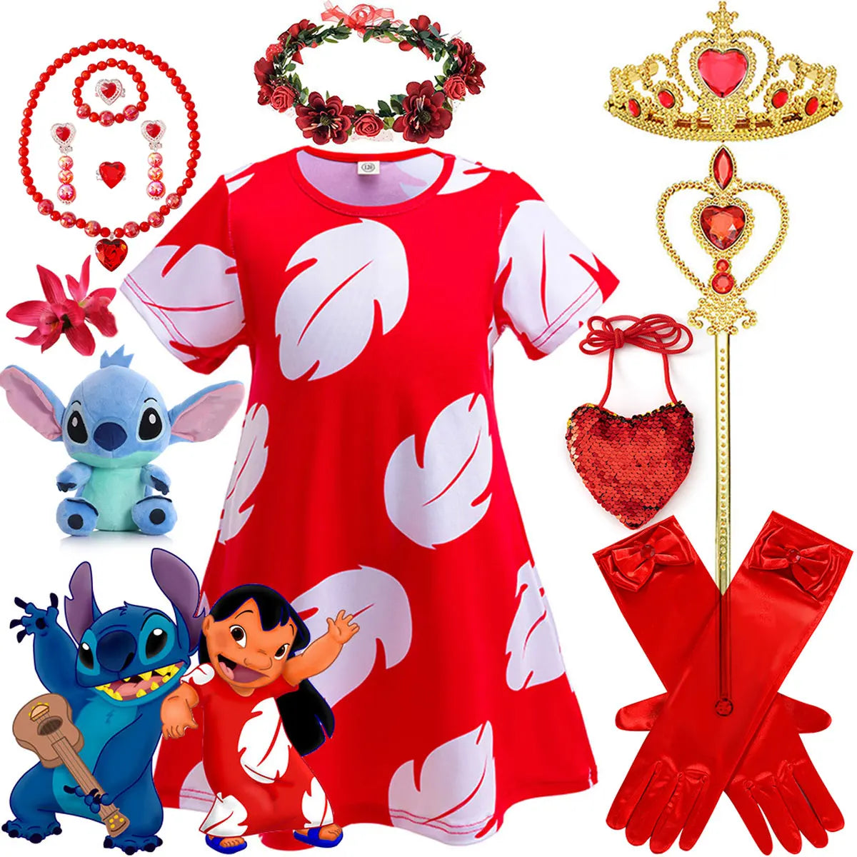 Costume Girl Cosplay Red Dress Short Sleeve Pajamas Hawaiian Printed Dress Summer Beach Outfit + Stitch Doll Set